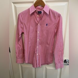 Polo Ralph Lauren button up shirt. Size 4. Pink and white vertical stripes.